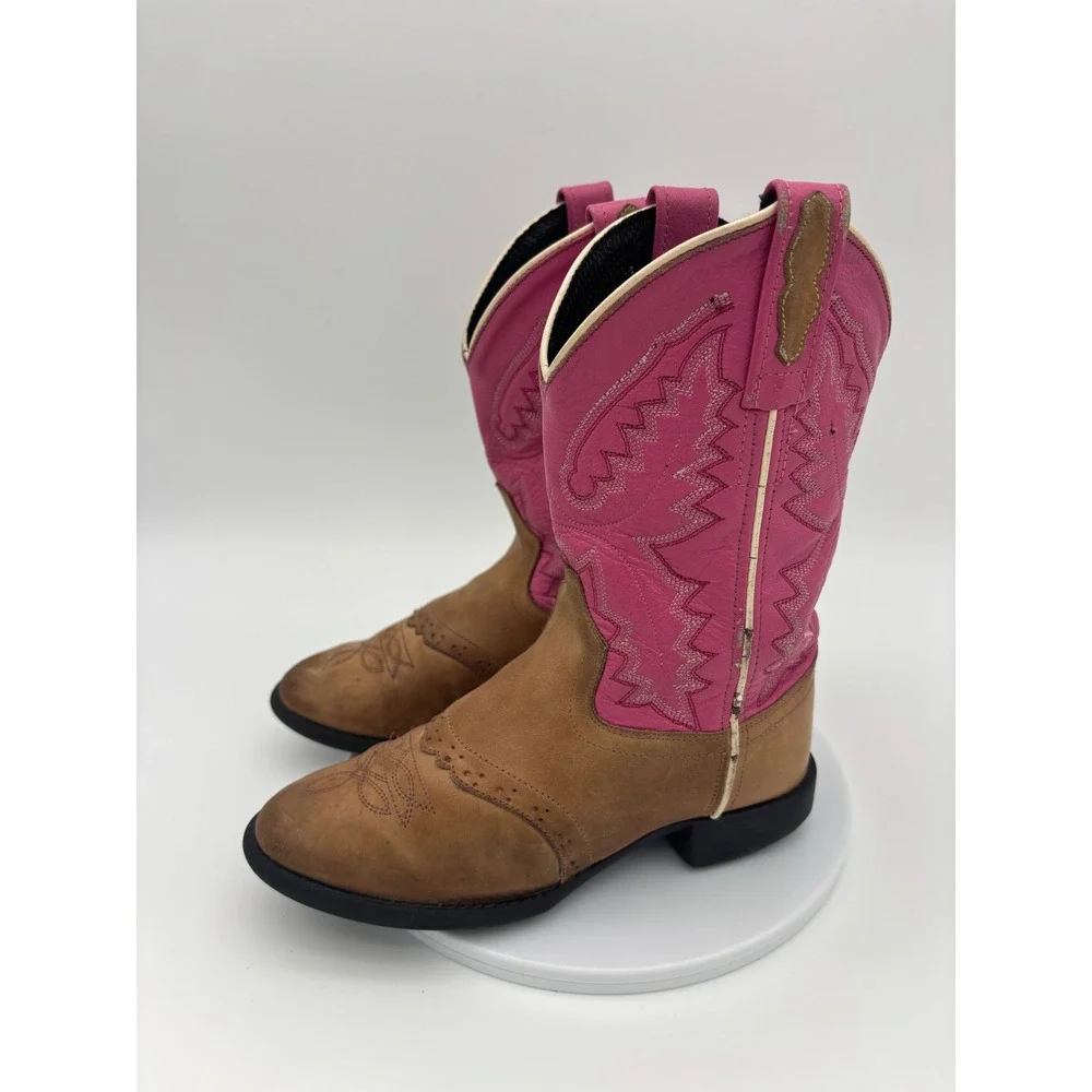 OLD WEST Pink Cowboy Boots Girl Cowgirl Western Leather Kids Round Toe‎ 13.5